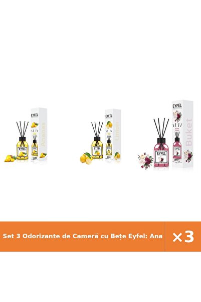 Eyfel Set 3 Odorizante de Cameră cu Bețe Eyfel: Ananas, Lămâie, Bouquet, 120 ml