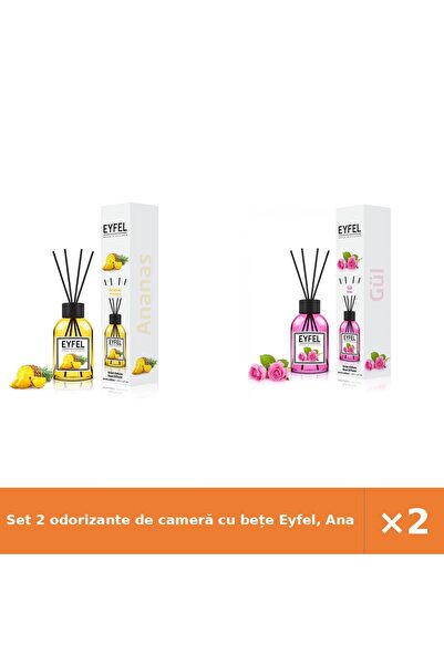 Eyfel Set 2 odorizante de cameră cu bețe Eyfel, Ananas și Trandafir, 2x120 ml