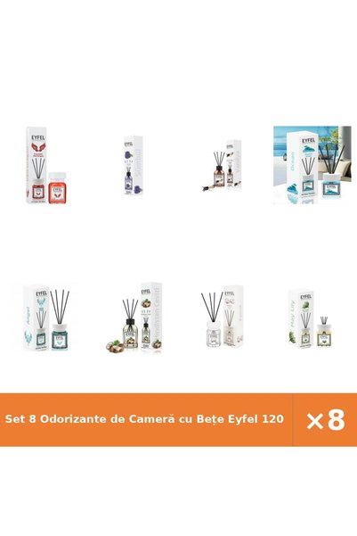 Eyfel Set 8 Odorizante de Cameră cu Bețe 120 ml – Red Dragon, Zambile, Vanili...