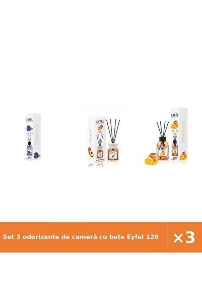 Eyfel Set 3 odorizante de cameră cu bețe 120 ml: Zambile, Piersică, Mango