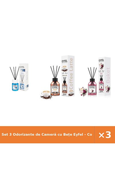 Eyfel Set 3 Odorizante de Cameră cu Bețe – Cool Water, Cafea, Bouquet, 120 ml