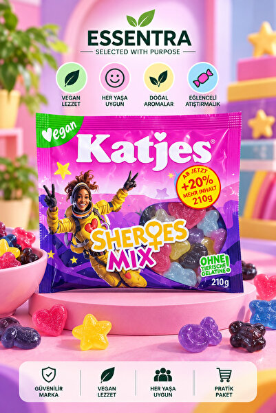 Essentra Home Katjes Sheroes Mix Vegan Fruchtgummi jelibon, meyveli yumuşak şeker, karışık jelibon, Fruchtgummi,