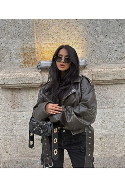 Ekim Store Χακί Ζωνάτο Oversize Μπουφάν από Συνθετικό Δέρμα
