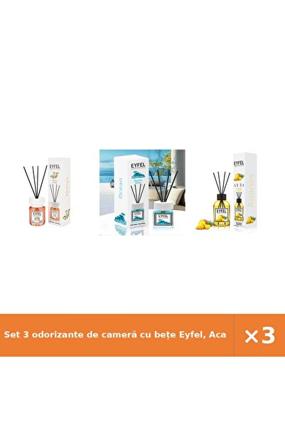 Eyfel Set 3 odorizante de cameră cu bețe Eyfel, Acacia, Ocean, Ananas, 3x120 ml