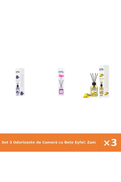Eyfel Set 3 Odorizante de Cameră cu Bețe Eyfel: Zambile, Bubble Gum, Ananas 3...