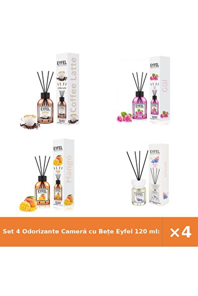 Eyfel Set 4 Odorizante Cameră cu Bețe 120 ml: Cafea, Trandafir, Mango, Orhidee