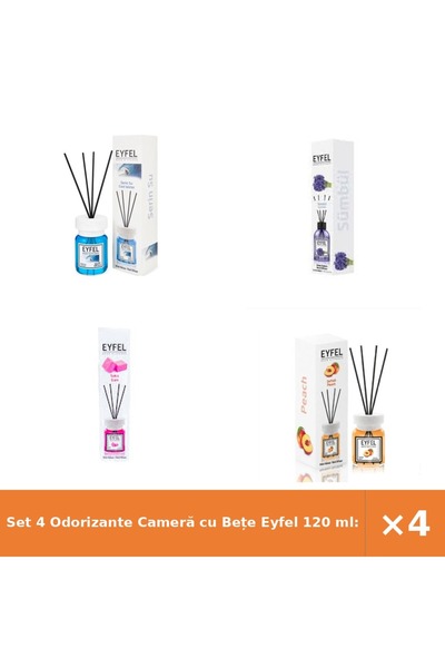 Eyfel Set 4 Odorizante Cameră cu Bețe 120 ml: Cool Water, Zambile, Bubble Gum...