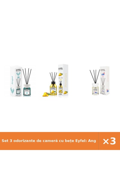 Eyfel Set 3 odorizante de cameră cu bețe Eyfel: Angel, Ananas, Orhidee, 3x120 ml
