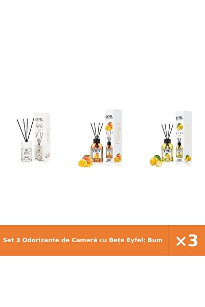 Eyfel Set 3 Odorizante de Cameră cu Bețe Eyfel: Bumbac, Mango, Lămâie, 120 ml