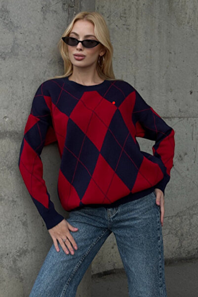 AYASOFYA OTANTIK Women's Round Neck Diamond Patterned 100% Acrylic Knitwear B...