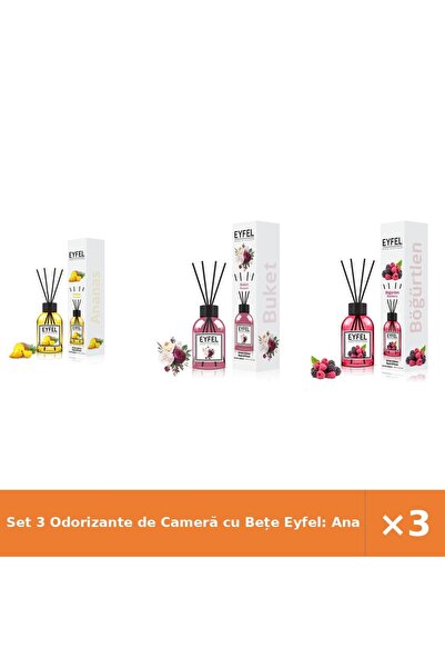 Eyfel Set 3 Odorizante de Cameră cu Bețe Eyfel: Ananas, Bouquet, Fructe de pă...