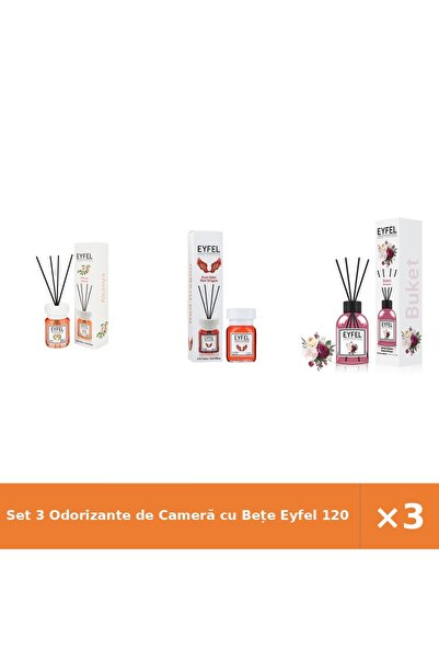Eyfel Set 3 Odorizante de Cameră cu Bețe 120 ml - Acacia, Red Dragon, Bouquet