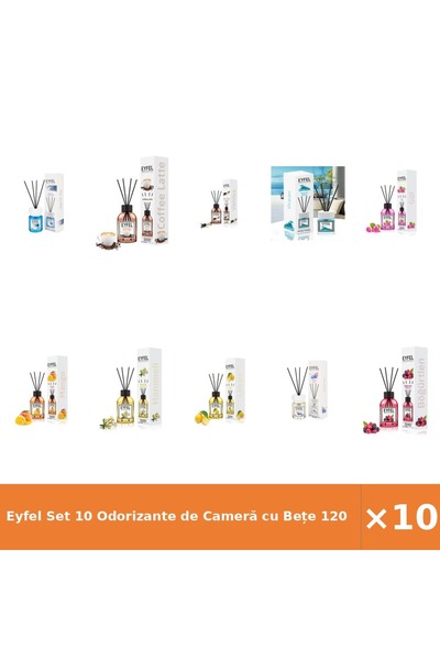 Eyfel Set 10 Odorizante de Cameră cu Bețe 120 ml - Cool Water, Cafea, Orhidee