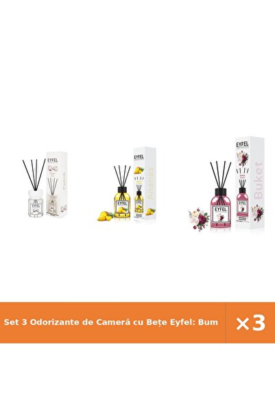 Eyfel Set 3 Odorizante de Cameră cu Bețe Eyfel: Bumbac, Ananas, Bouquet, 120 ml