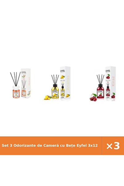 Eyfel Set 3 Odorizante de Cameră cu Bețe 3x120 ml - Acacia, Ananas, Cireșe