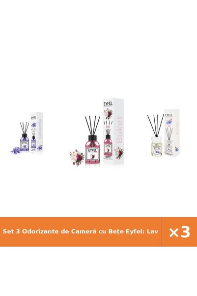 Eyfel Set 3 Odorizante de Cameră cu Bețe Eyfel: Lavandă, Bouquet, Orhidee, 3x...