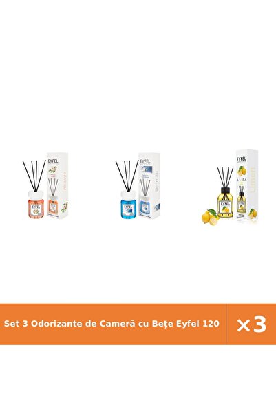 Eyfel Set 3 Odorizante de Cameră cu Bețe 120 ml - Acacia, Cool Water, Lămâie