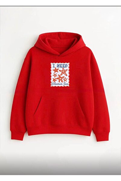 Unisex Baskılı Kırmızı Sweatshirt