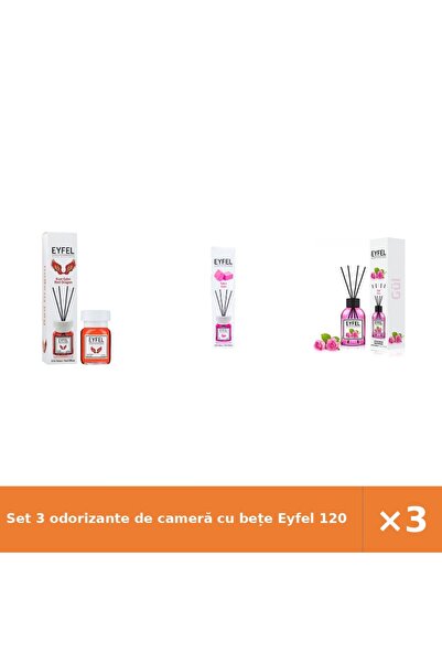 Eyfel Set 3 odorizante de cameră cu bețe 120 ml: Red Dragon, Bubble Gum, Tran...