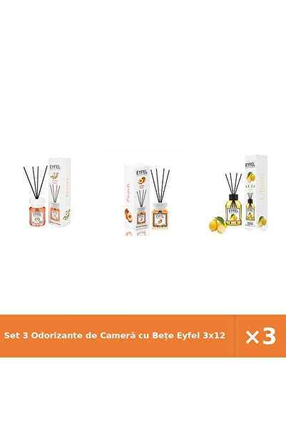 Eyfel Set 3 Odorizante de Cameră cu Bețe 3x120 ml - Acacia, Piersică, Lămâie