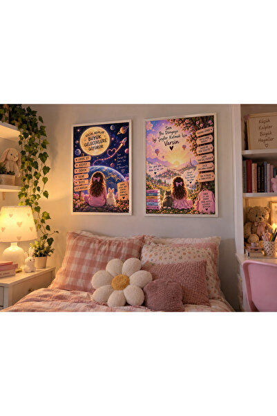 Moon&Sun Designer Küçük Kalpler, Büyük Hayaller – 2’li Kız Çocuk Odası Tablo ...