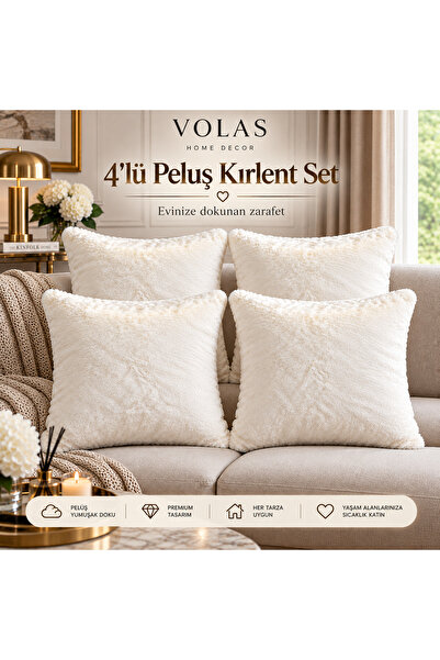 Volas 4'lü Set Ekru Peluş Kırlent 45x45 cm İçi Dolgulu Çift Taraflı Dekoratif...