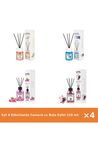 Eyfel Set 4 Odorizante Cameră cu Bețe 120 ml: Acacia, Cool Water, Trandafir, ...