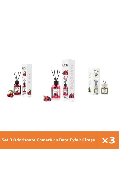 Eyfel Set 3 Odorizante Cameră cu Bețe Eyfel: Cireșe, Fructe de Pădure, Lăcrăm...