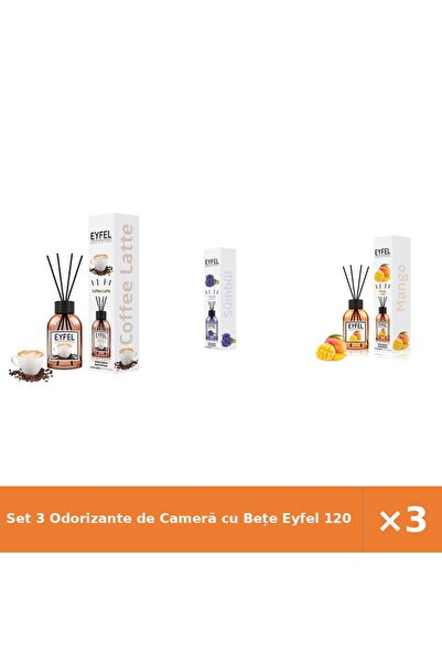 Eyfel Set 3 Odorizante de Cameră cu Bețe 120 ml – Cafea, Zambile, Mango
