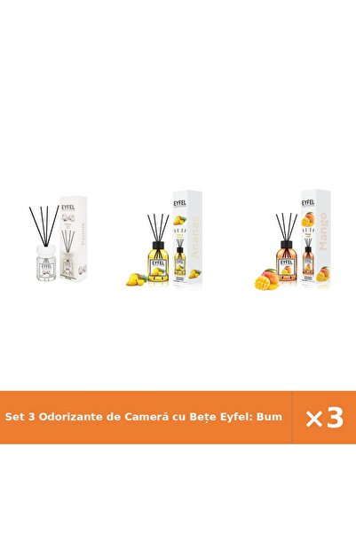 Eyfel Set 3 Odorizante de Cameră cu Bețe Eyfel: Bumbac, Ananas, Mango, 120 ml