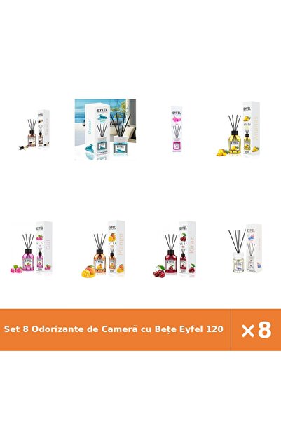 Eyfel Set 8 Odorizante de Cameră cu Bețe 120 ml - Vanilie, Ocean, Bubble Gum,...