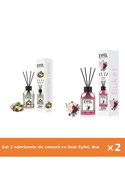 Eyfel Set 2 odorizante de cameră cu bețe Eyfel, Nucă de cocos + Bouquet, 120 ml