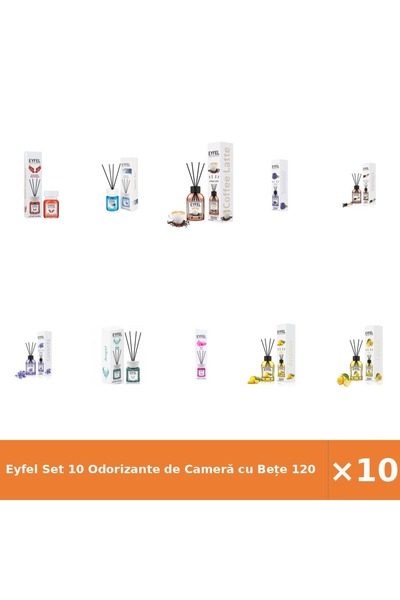 Eyfel Set 10 Odorizante de Cameră cu Bețe 120 ml - Red Dragon, Cafea, Ananas