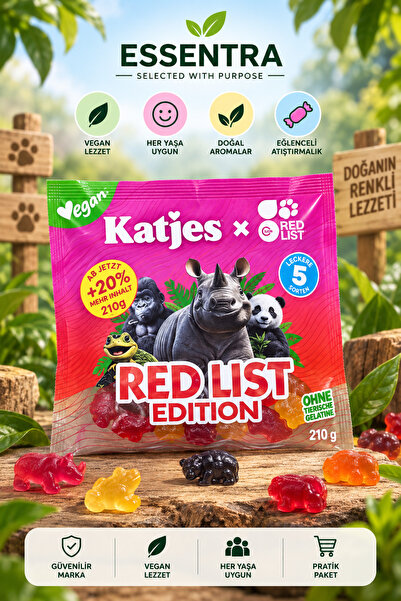Essentra Home Katjes Red List Edition Vegan Fruchtgummi meyveli jelibon, vegan Fruchtgummi, karışık yumuşak şeker, “Helal sertifikalıdır”