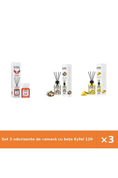 Eyfel Set 3 odorizante de cameră cu bețe 120 ml: Red Dragon, Nucă de cocos, A...