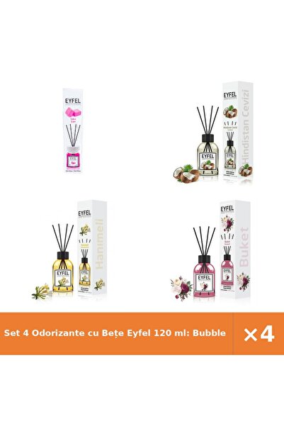 Eyfel Set 4 Odorizante cu Bețe 120 ml: Bubble Gum, Nucă de cocos, Mana Maicii...