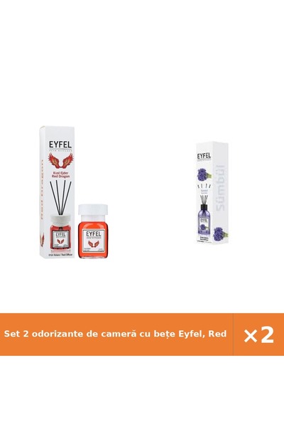 Eyfel Set 2 odorizante de cameră cu bețe Eyfel, Red Dragon + Zambile, 2 x 120 ml