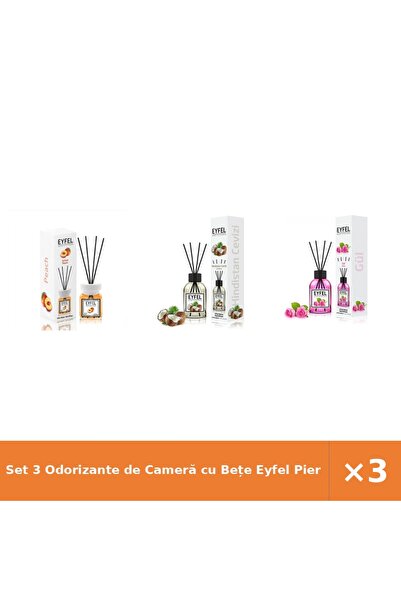 Eyfel Set 3 Odorizante de Cameră cu Bețe Piersică, Nucă de Cocos, Trandafir 1...