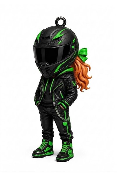 Generic Brand Red-Haired Woman with Biker Helmet and Coat Figure Keychain – 3...