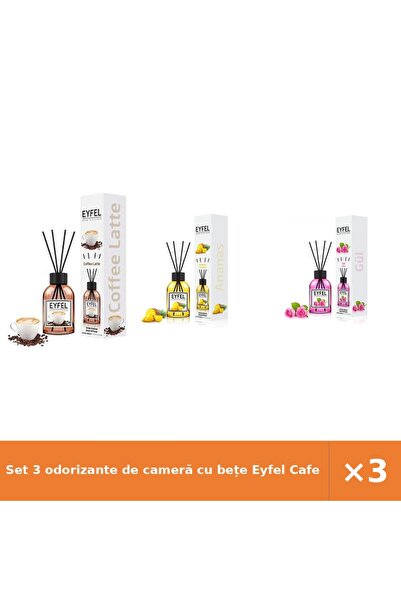 Eyfel Set 3 odorizante de cameră cu bețe Cafea, Ananas, Trandafir, 3x120 ml