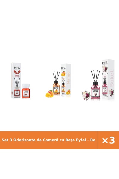 Eyfel Set 3 Odorizante de Cameră cu Bețe – Red Dragon, Mango, Bouquet, 120 ml