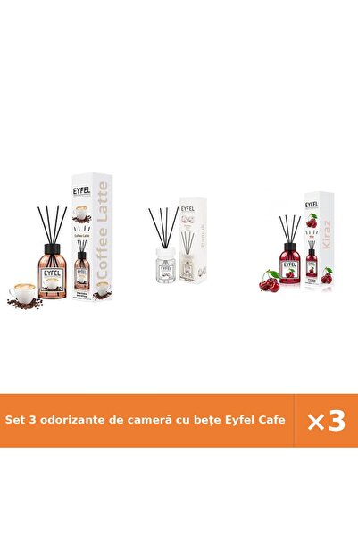 Eyfel Set 3 odorizante de cameră cu bețe Cafea, Bumbac, Cireșe, 3x120 ml