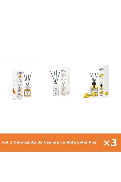 Eyfel Set 3 Odorizante de Cameră cu Bețe Piersică, Bumbac, Ananas 120 ml