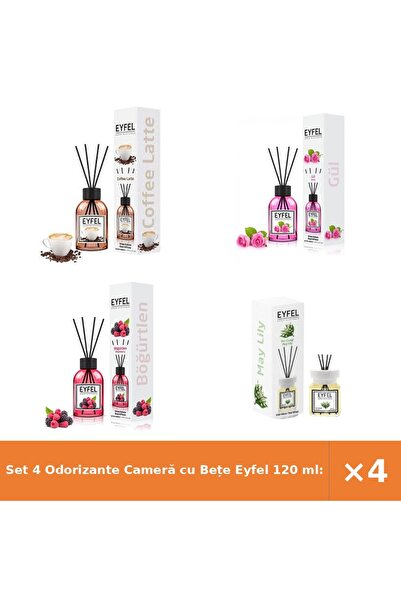 Eyfel Set 4 Odorizante Cameră cu Bețe 120 ml: Cafea, Trandafir, Fructe de păd...