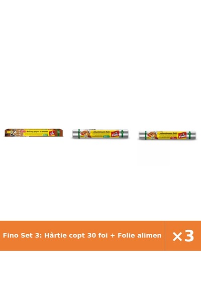 Fino Set 3: Hârtie copt 30 foi + Folie alimentară aluminiu 30 m + Folie alime...