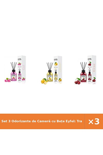 Eyfel Set 3 Odorizante de Cameră cu Bețe Eyfel: Trandafir, Lămâie, Cireșe, 3x...