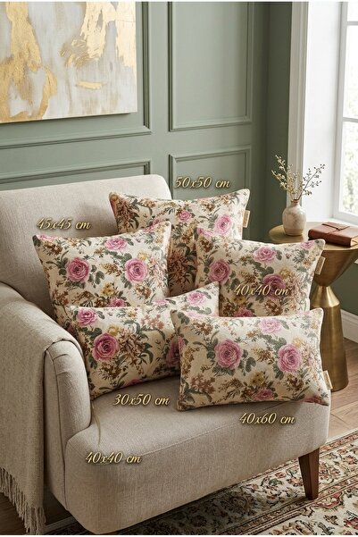 KIRLENT TEKSTİL Vintage Rose Goblen Jakarlı Çiçekli Kırlent Kılıfı