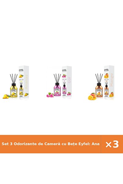 Eyfel Set 3 Odorizante de Cameră cu Bețe Eyfel: Ananas, Trandafir, Mango, 120 ml