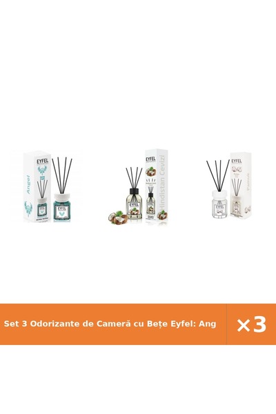 Eyfel Set 3 Odorizante de Cameră cu Bețe Eyfel: Angel, Nucă de cocos, Bumbac,...