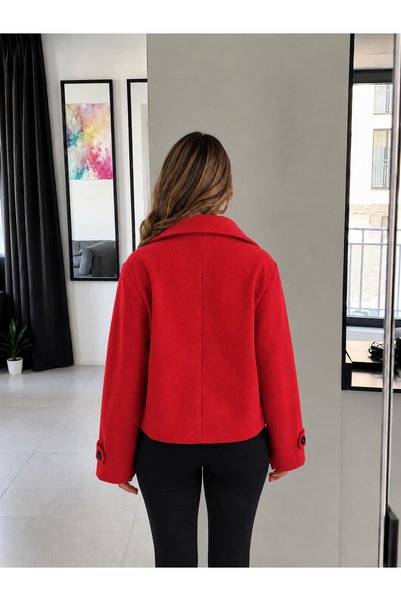 Ekim Store Kırmızı Dik Yaka Düğmeli Kaşe Ceket